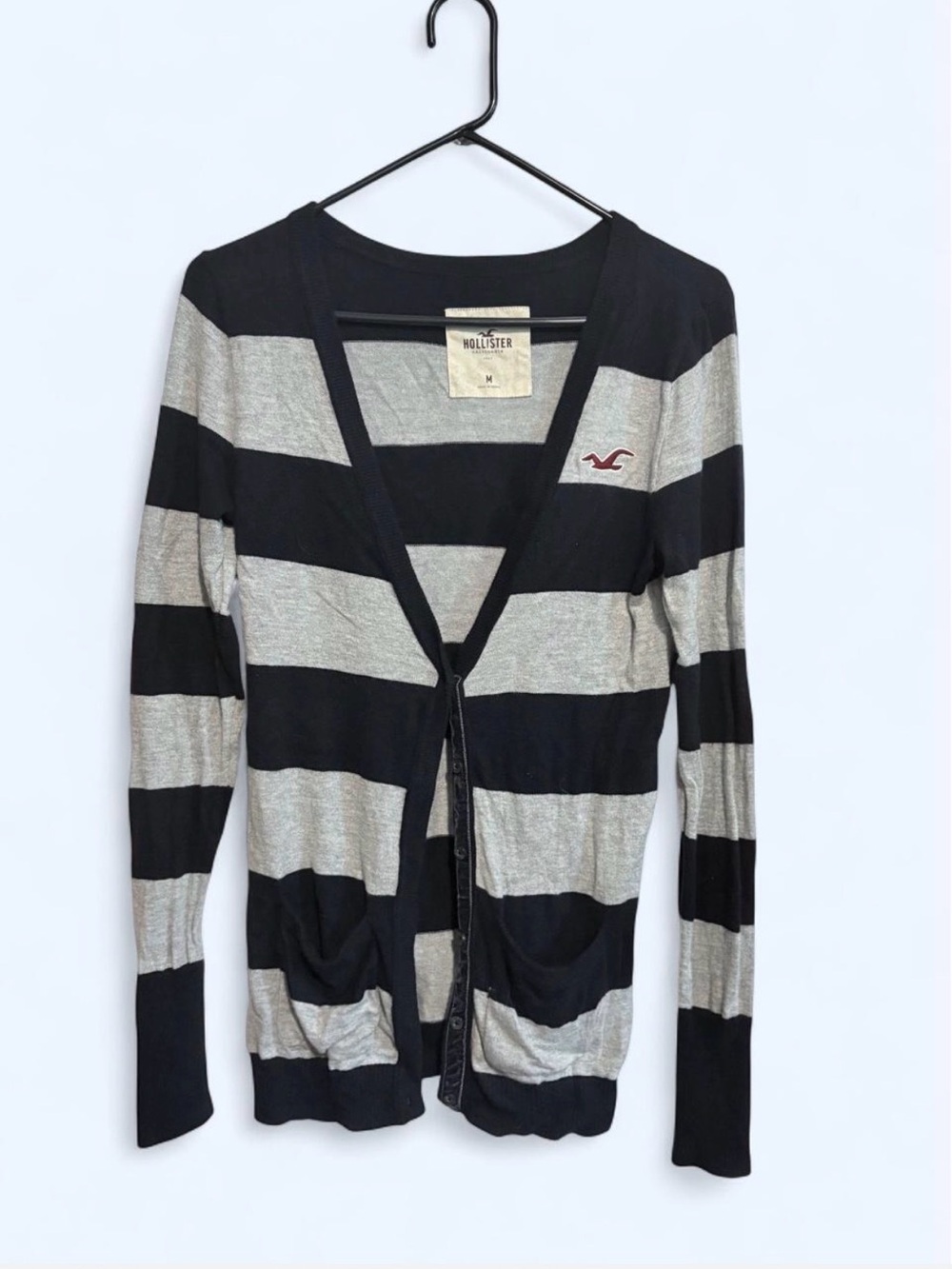 Hollister Women's Classic Black and Gray Striped Cardigan Sweater